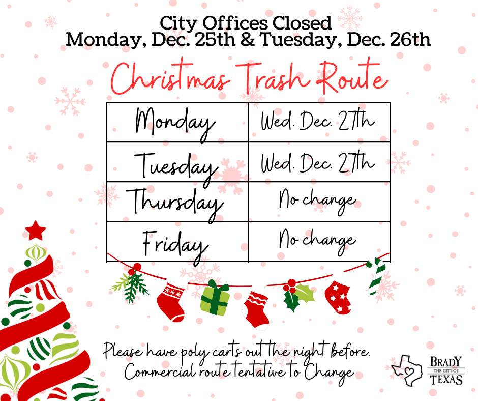 Christmas 2023 Trash Route - Monday and Tuesday routes will have trash picked up the week of Christmas on Wednesday, December 27.